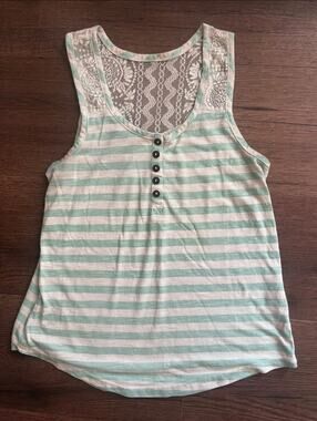 Neon Soul Mint Striped Lace Back Button Tank Top Small